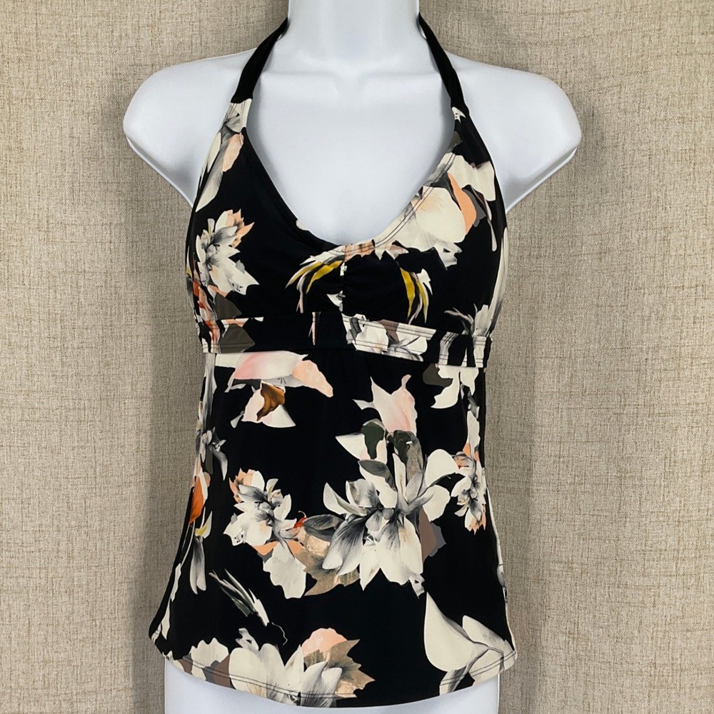 Athleta Tankini Top Womens 32 D/DD Black Floral Nylon Halter‎ Tropical Swimwear